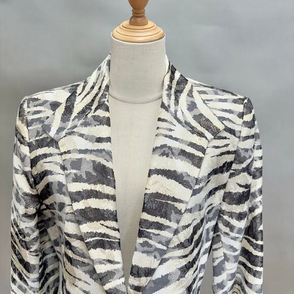 Caché Jacquard Blazer Size 10 Metallic Zebra Floral Print Longline Vintage Y2k - Picture 8 of 16